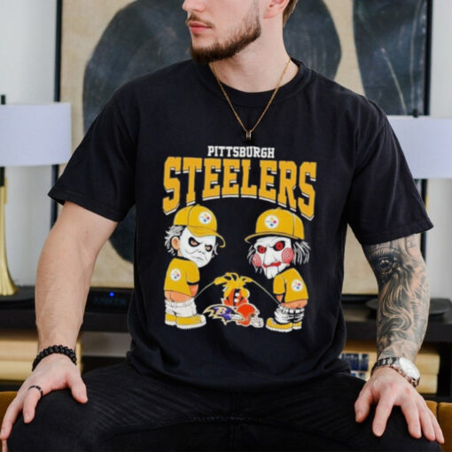 Official Michael Myers And Billy The Puppet X Pittsburgh Steelers Pee On NFL Teams Halloween 2024 Shirt