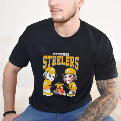 Official Michael Myers And Billy The Puppet X Pittsburgh Steelers Pee On NFL Teams Halloween 2024 Shirt