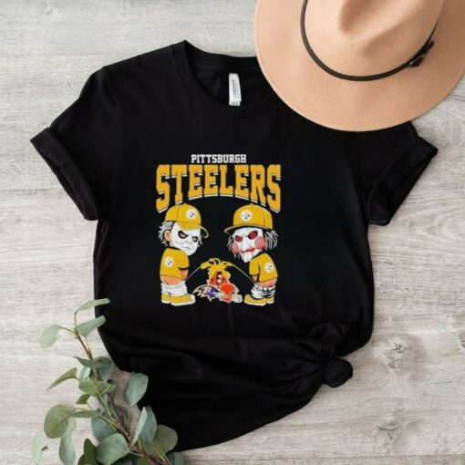 Official Michael Myers And Billy The Puppet X Pittsburgh Steelers Pee On NFL Teams Halloween 2024 Shirt