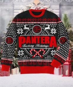 Pantera Fucking Holidays Candy Crane With Snowflakes Pattern Knitted Ugly Christmas Sweater