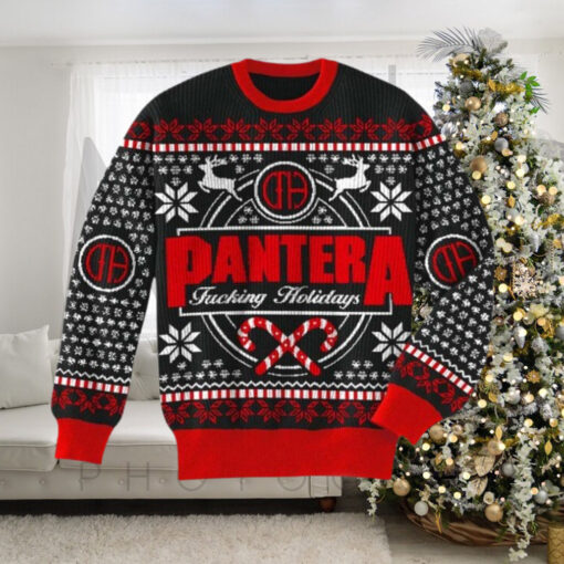 Pantera Fucking Holidays Candy Crane With Snowflakes Pattern Knitted Ugly Christmas Sweater