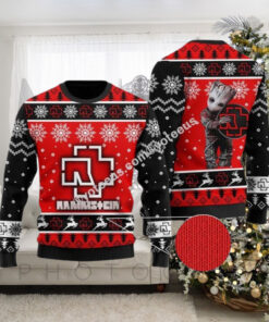 Rammstein Rock Band Big Logo With Baby Groot Snowflakes Pattern Personalized Ugly Christmas Sweater