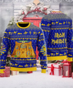 Iron Maiden Powerslave Album Cover Pixel Style With Egypt Symbols Pattern Knitted Blue Ugly Christmas Sweater