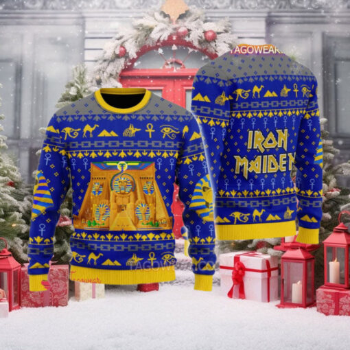 Iron Maiden Powerslave Album Cover Pixel Style With Egypt Symbols Pattern Knitted Blue Ugly Christmas Sweater