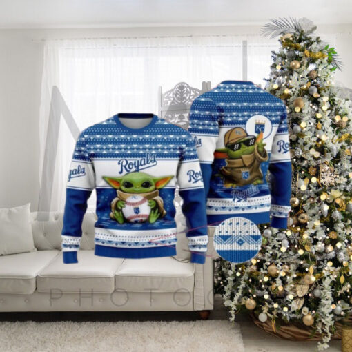 Baby Yoda Baseball KC Royals Christmas Ugly Sweater