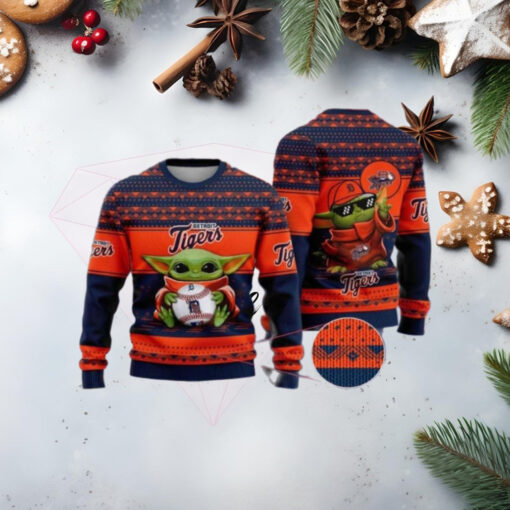 Baby Yoda Detroit Tigers Baseball Holiday Ugly Christmas Sweater