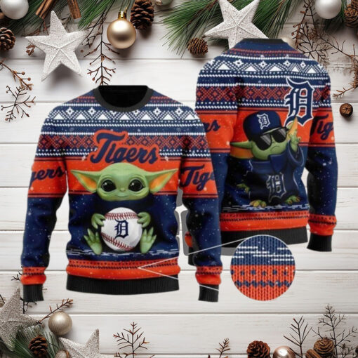 Baby Yoda Detroit Tigers Festive Celebration Ugly Christmas Sweater