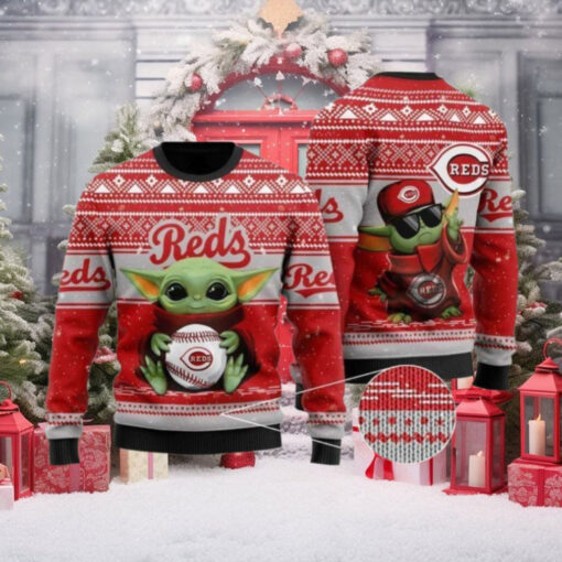 Baby Yoda With Reds Hat Ugly Christmas Sweater