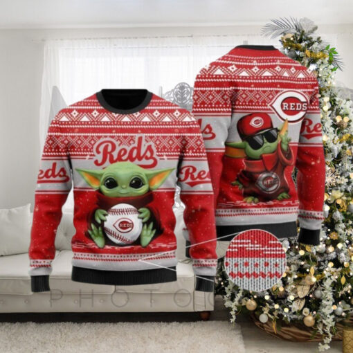 Baby Yoda With Reds Hat Ugly Christmas Sweater