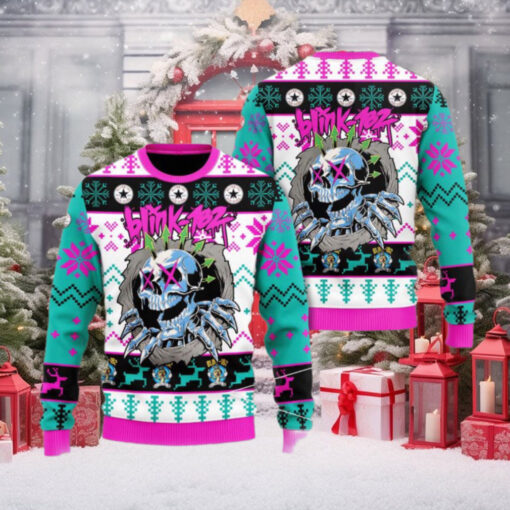 Blink 182 Punk Rock Skeleton With Logo Holiday Gift Knitted Ugly Christmas Sweater