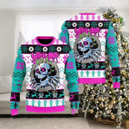 Blink 182 Punk Rock Skeleton With Logo Holiday Gift Knitted Ugly Christmas Sweater