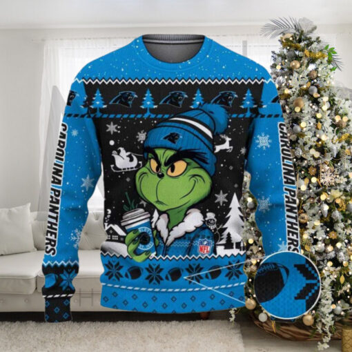 Carolina Panthers The Grinch Drink Coffee Ugly Christmas Sweater