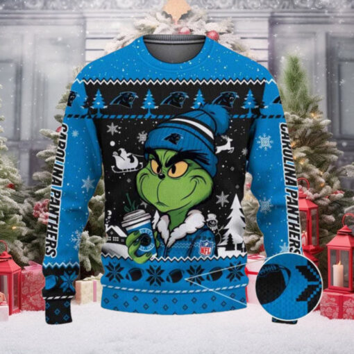 Carolina Panthers The Grinch Drink Coffee Ugly Christmas Sweater