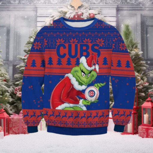 Chicago Cubs Ugly Sweater With Grinch Holding Cubs Baseball