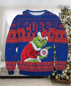 Chicago Cubs Ugly Sweater With Grinch Holding Cubs Baseball