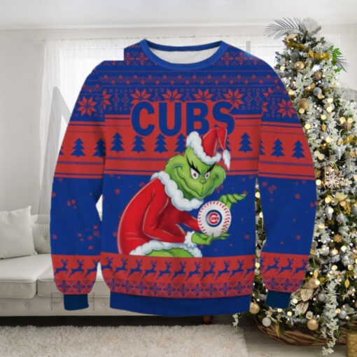 Chicago Cubs Ugly Sweater With Grinch Holding Cubs Baseball