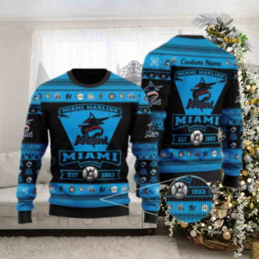 Custom Miami Marlins Black And Blue Ugly Christmas Sweater