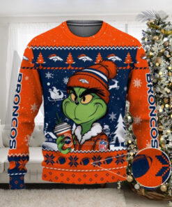 Denver Broncos The Grinch Drink Coffee Ugly Christmas Sweater