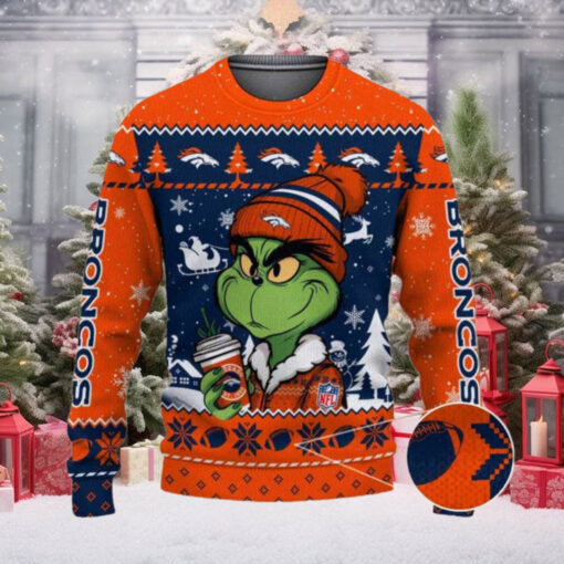 Denver Broncos The Grinch Drink Coffee Ugly Christmas Sweater