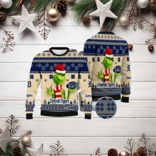 Detroit Tigers Grinch Tan Ugly Christmas Sweater