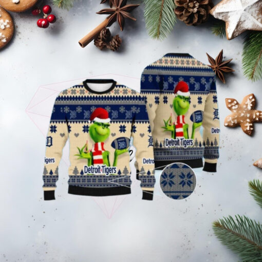 Detroit Tigers Grinch Tan Ugly Christmas Sweater