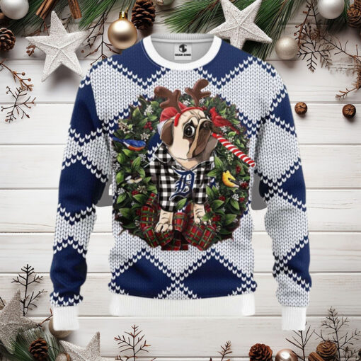 Detroit Tigers Pug Reindeer Christmas Ugly Sweater