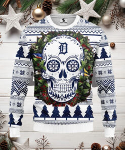 Detroit Tigers Skull Christmas Wreath Ugly Christmas Sweater