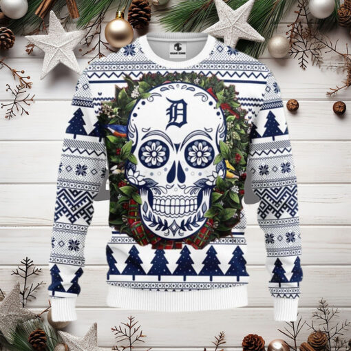 Detroit Tigers Skull Christmas Wreath Ugly Christmas Sweater