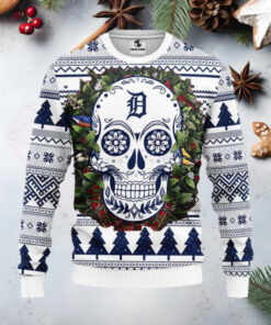 Detroit Tigers Skull Christmas Wreath Ugly Christmas Sweater