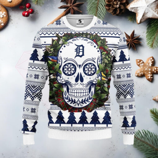 Detroit Tigers Skull Christmas Wreath Ugly Christmas Sweater