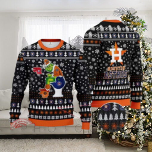 Funny Houston Astros Grinch Sitting On Toilet Ugly Christmas Sweater