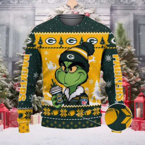 Green Bay Packers The Grinch Drink Coffee Ugly Christmas Sweater