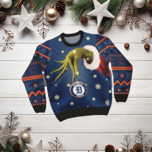 Grinch Arm Holding Detroit Tigers Ornament Ugly Christmas Sweater