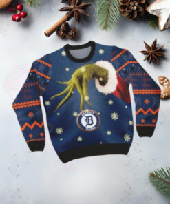 Grinch Arm Holding Detroit Tigers Ornament Ugly Christmas Sweater