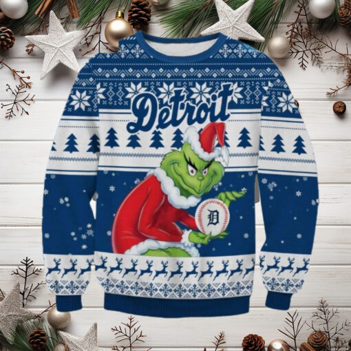 Grinch Detroit Tigers Santa Baseball Ugly Christmas Sweater