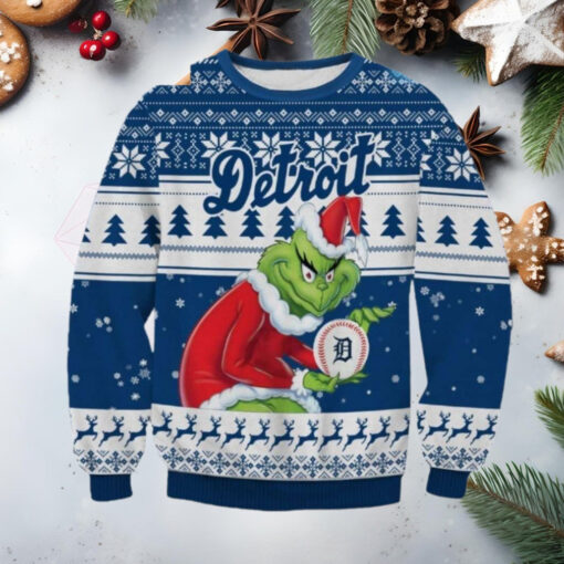 Grinch Detroit Tigers Santa Baseball Ugly Christmas Sweater