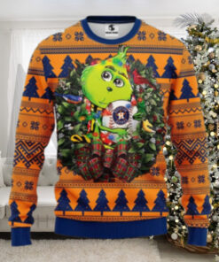 Grinch Holding Houston Astros Snowman Sweater