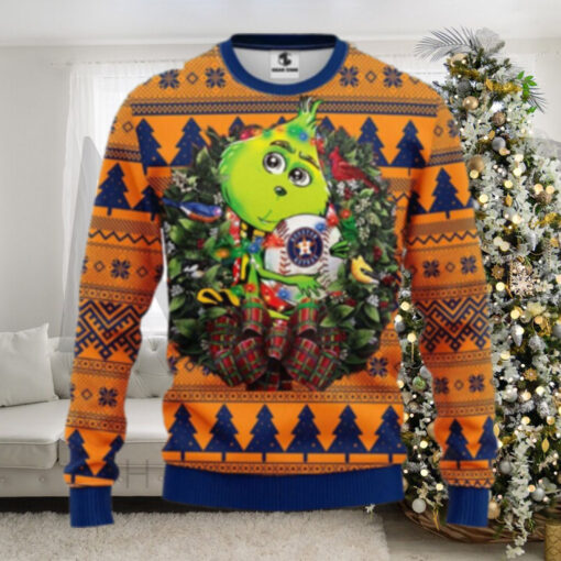 Grinch Holding Houston Astros Snowman Sweater