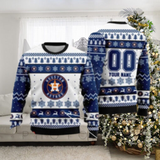 Houston Astros Custom Name Reindeer And Snowflake Christmas Sweater