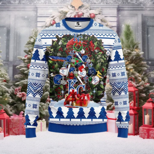 KC Royals Baseball Ornament Ugly Sweater With Holiday Decorations