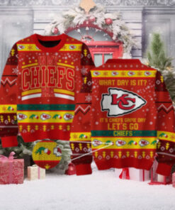 Kansas City Chiefs What Day Is It It’s Chiefs Game Day Christmas Ugly Sweater