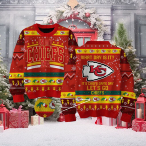 Kansas City Chiefs What Day Is It It’s Chiefs Game Day Christmas Ugly Sweater