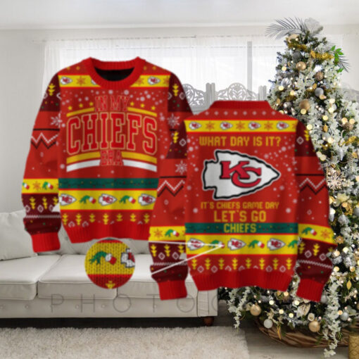 Kansas City Chiefs What Day Is It It’s Chiefs Game Day Christmas Ugly Sweater