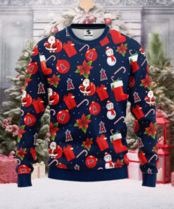 Los Angeles Angels Christmas Sweater With Santa, Snowman And Gifts