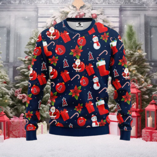 Los Angeles Angels Christmas Sweater With Santa, Snowman And Gifts