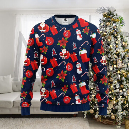 Los Angeles Angels Christmas Sweater With Santa, Snowman And Gifts