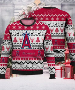 Los Angeles Angels Ugly Christmas Sweater Red And White Snowflake Design