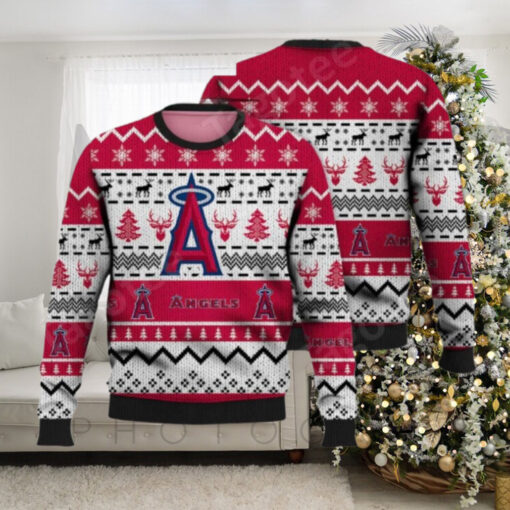 Los Angeles Angels Ugly Christmas Sweater Red And White Snowflake Design