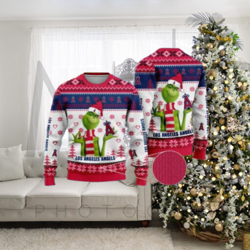 Los Angeles Angels Ugly Christmas Sweater With Grinch And Heart Pattern