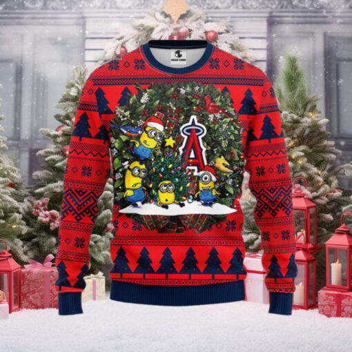 Los Angeles Angels Ugly Christmas Sweater With Minions Christmas Tree